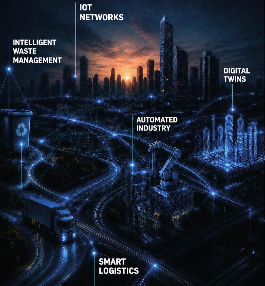 Città connessa con i cinque ambiti Sensor ID: gestione rifiuti, reti IoT, digital twin, industria automatizzata, logistica